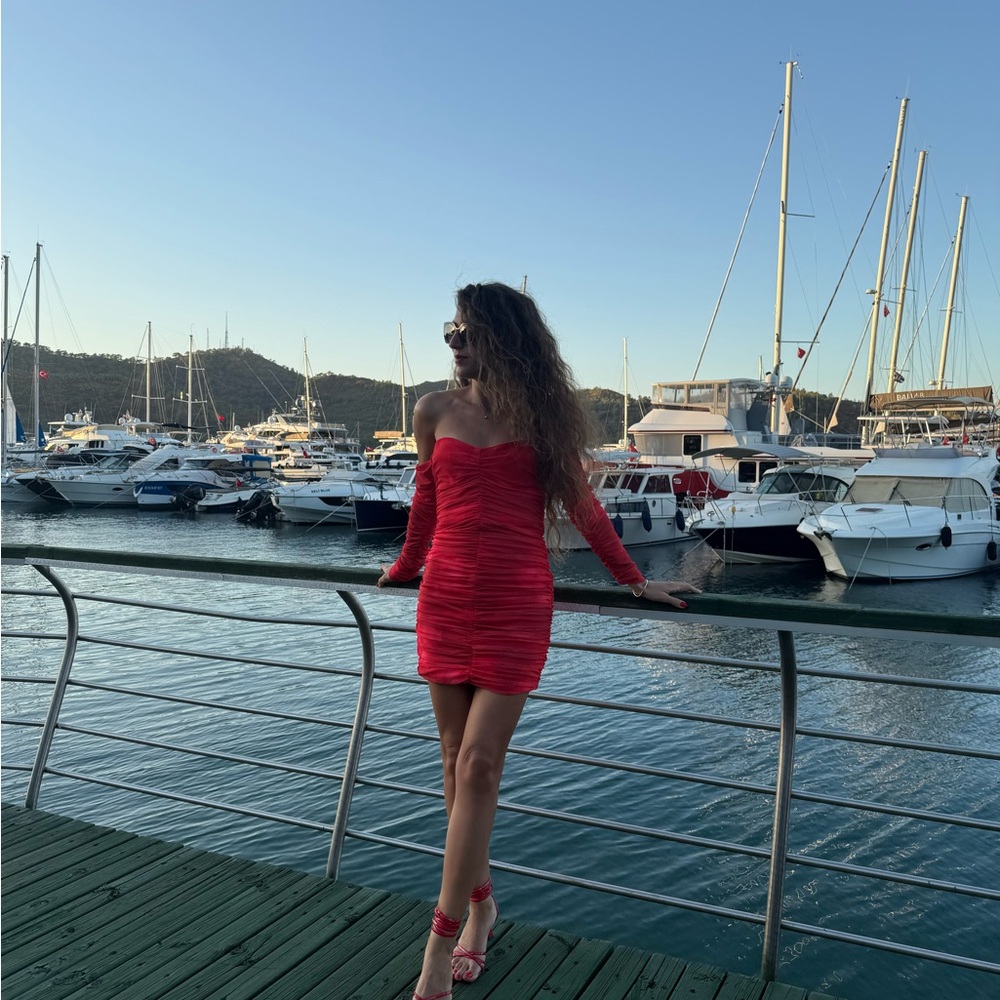 Red Off-Shoulder Ruched Dress - Picture 2 of 6